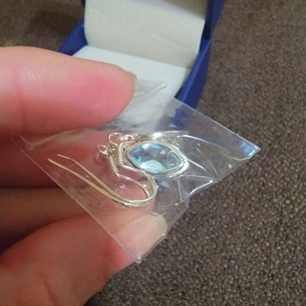 Vintage Style Natural Sky Blue Topaz Earrings In Fine Sterling Silver, Brand New